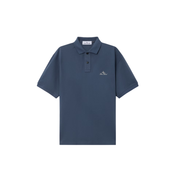 Polo manche courte STONE ISLAND en piqué de coton bio bleu acier broderie héritage