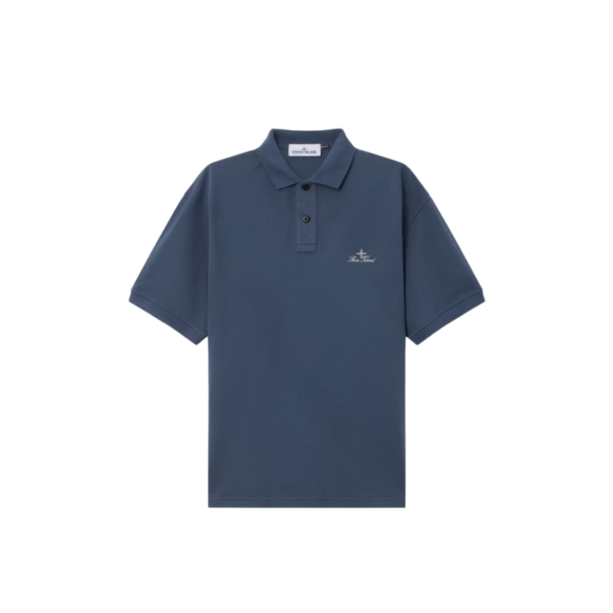 Polo manche courte STONE ISLAND en piqué de coton bio bleu acier broderie héritage