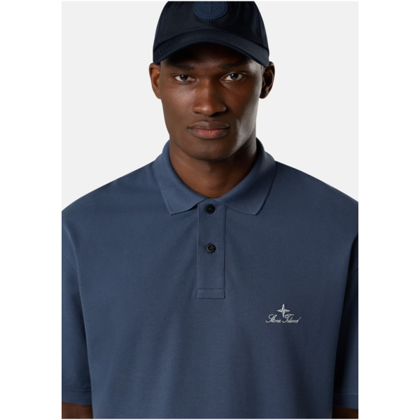 Polo manche courte STONE ISLAND en piqué de coton bio bleu acier broderie héritage