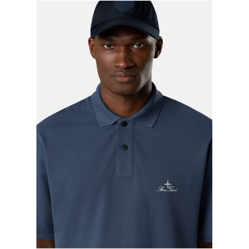 Polo manche courte STONE ISLAND en piqué de coton bio bleu acier broderie héritage