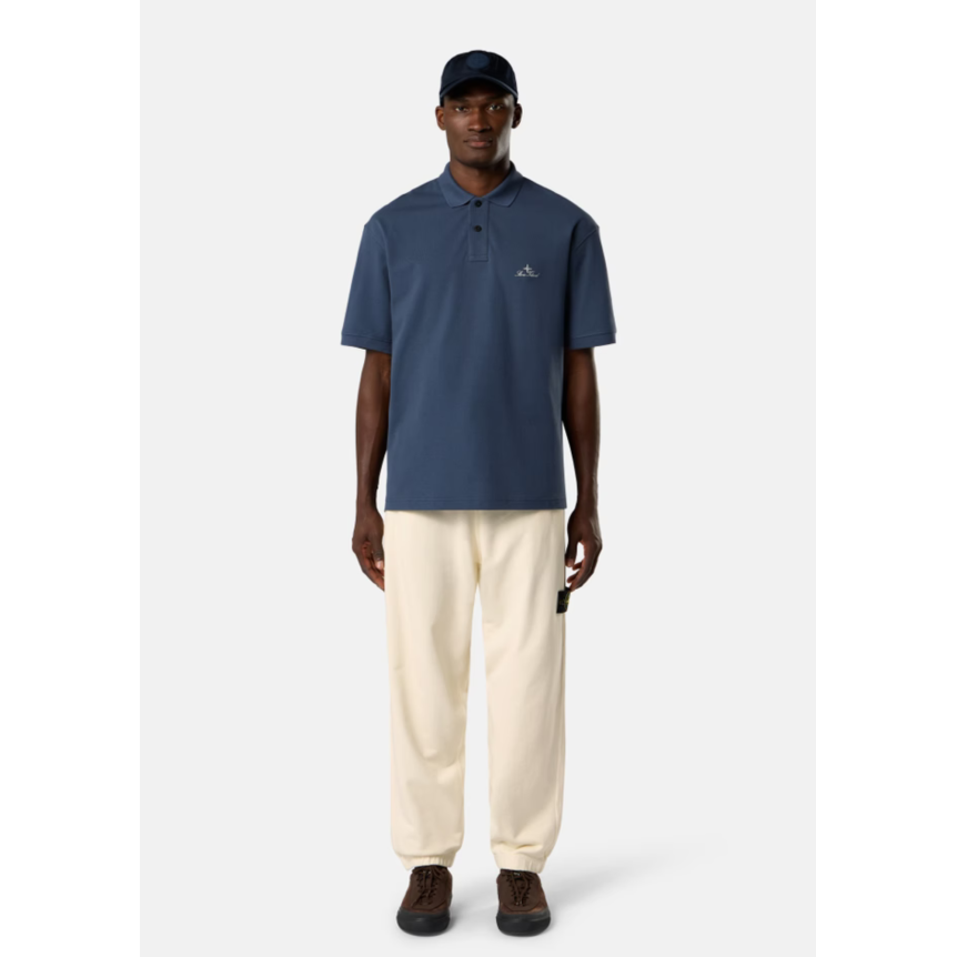 Polo manche courte STONE ISLAND en piqué de coton bio bleu acier broderie héritage