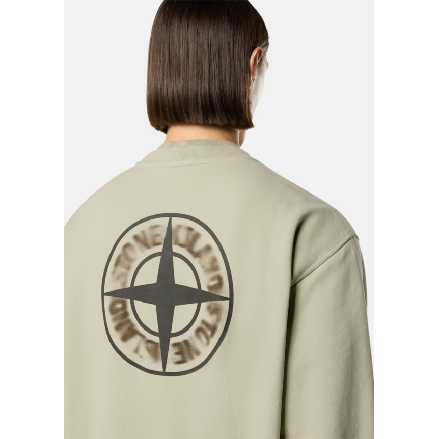 Sweat-shirt ras-du-cou STONE ISLAND oversize coton beige avec imprimé « Blurred Compass » flouté dos