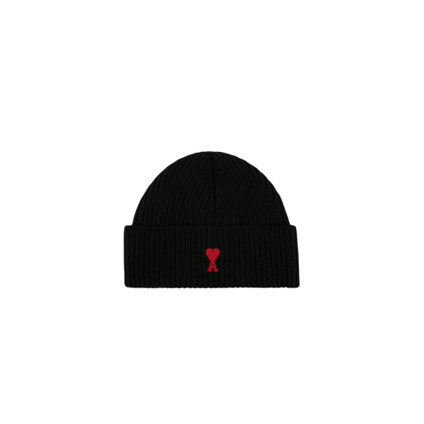 Bonnet AMI Paris laine maille côtelée noir cœur rouge