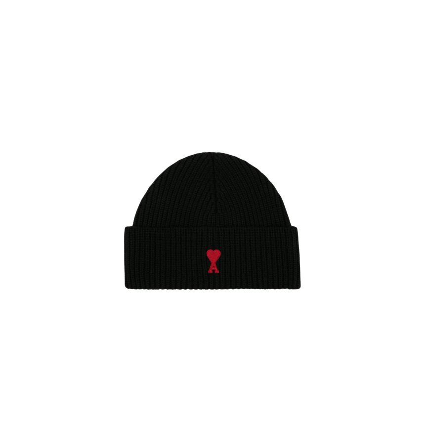 Bonnet AMI Paris laine maille côtelée noir cœur rouge