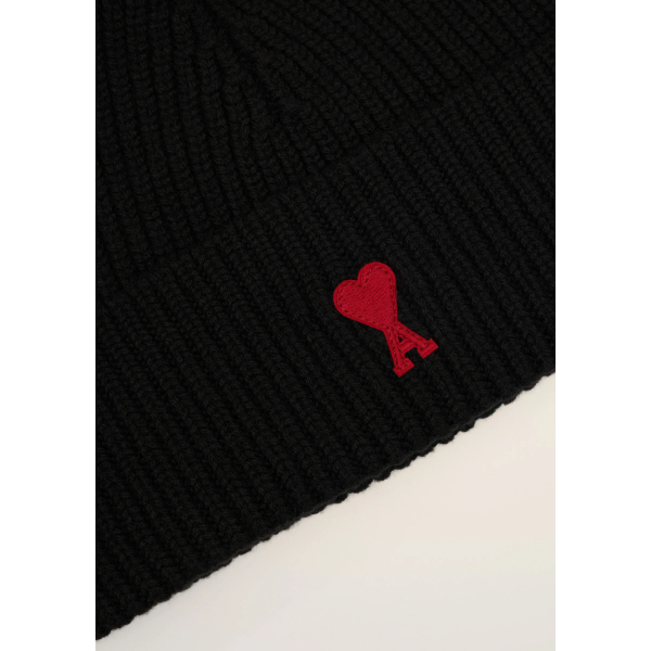 Bonnet AMI Paris laine maille côtelée noir cœur rouge