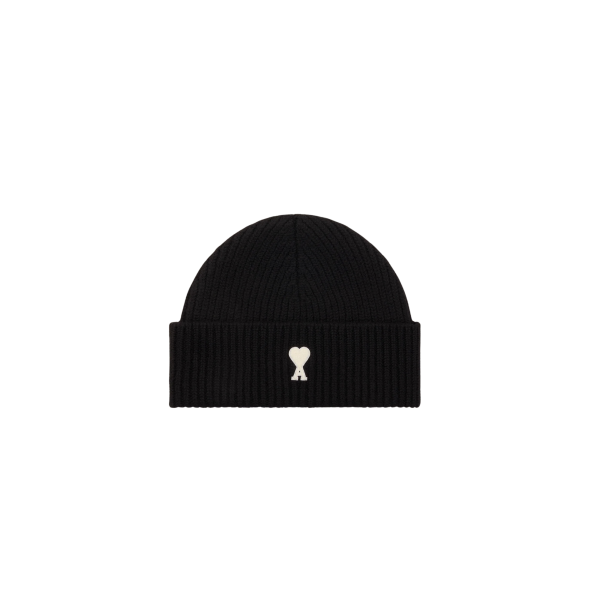Bonnet AMI Paris laine maille côtelée noir cœur blanc