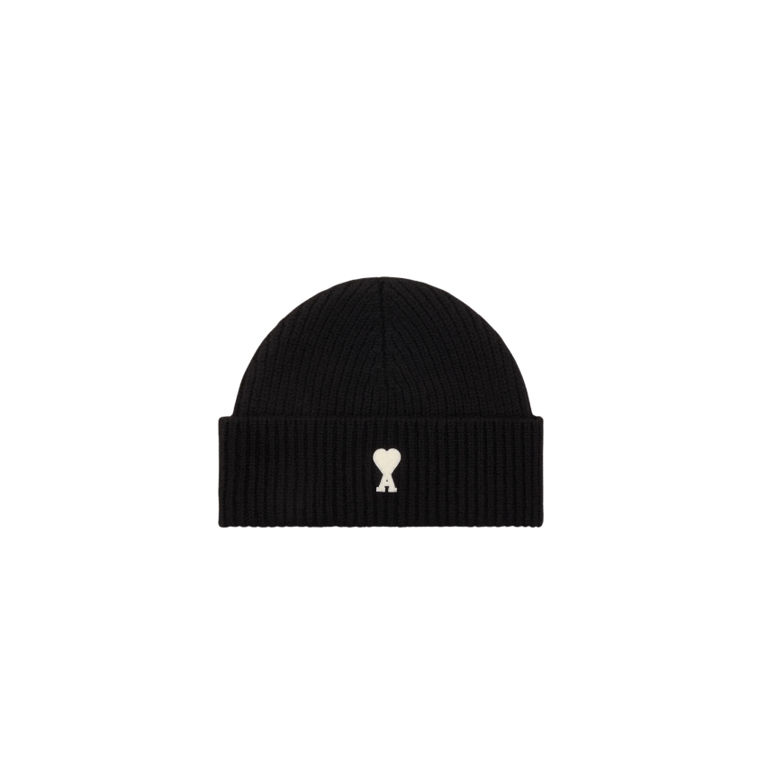 Bonnet AMI Paris laine maille côtelée noir cœur blanc