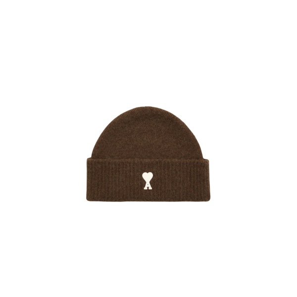 Bonnet AMI PARIS maille laine alpaga marron cœur blanc