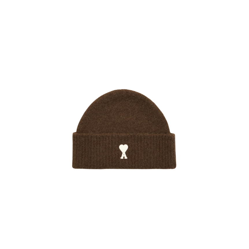 Bonnet AMI PARIS maille laine alpaga marron cœur blanc