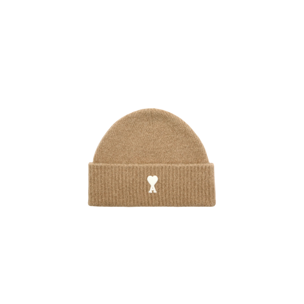 Bonnet AMI Paris maille laine alpaga beige cœur blanc