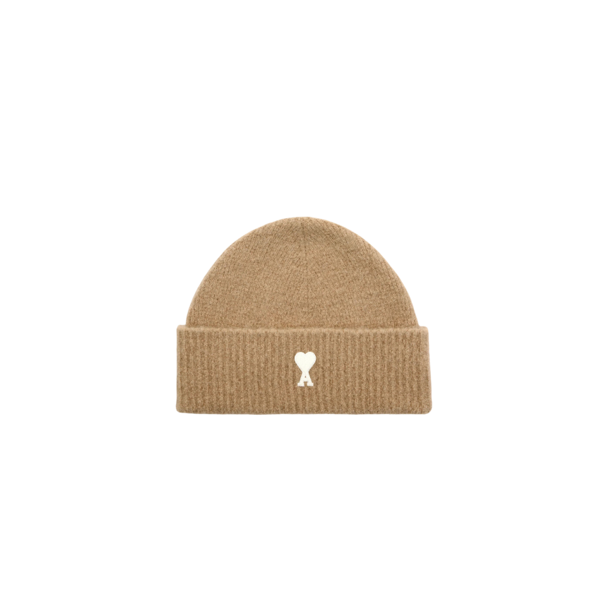 Bonnet AMI Paris maille laine alpaga beige cœur blanc
