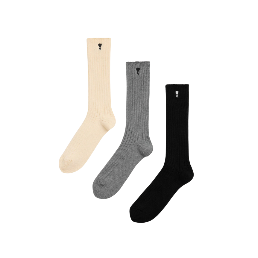 Pack trois paires AMI Paris de chaussettes en coton écru gris noir broderie cœur noir