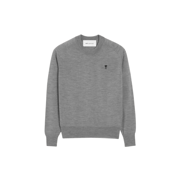 Pull col rond AMI Paris en maille laine mérinos extrafine grise cœur noir