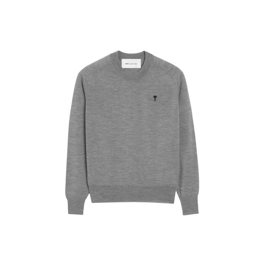 Pull col rond AMI Paris en maille laine mérinos extrafine grise cœur noir