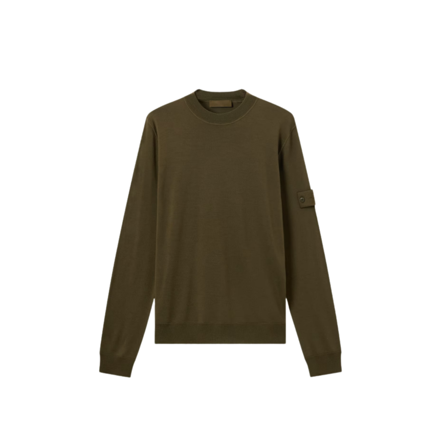 Pull col rond STONE ISLAND laine mérinos vierge kaki logo kaki Ghost Collection