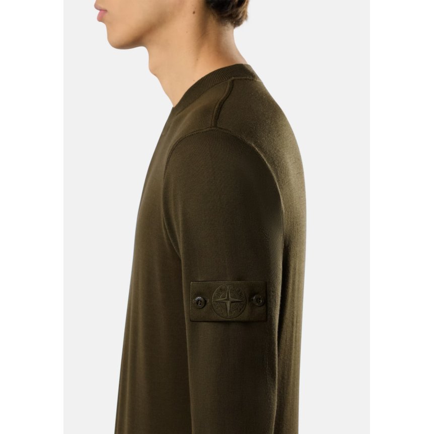 Pull col rond STONE ISLAND laine mérinos vierge kaki logo kaki Ghost Collection