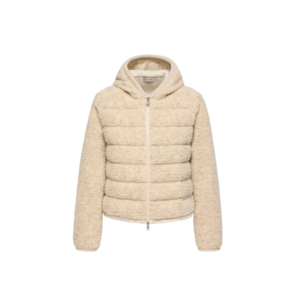 Cardigan zippé matelassé MONCLER à capuche Teddy bouclette beige