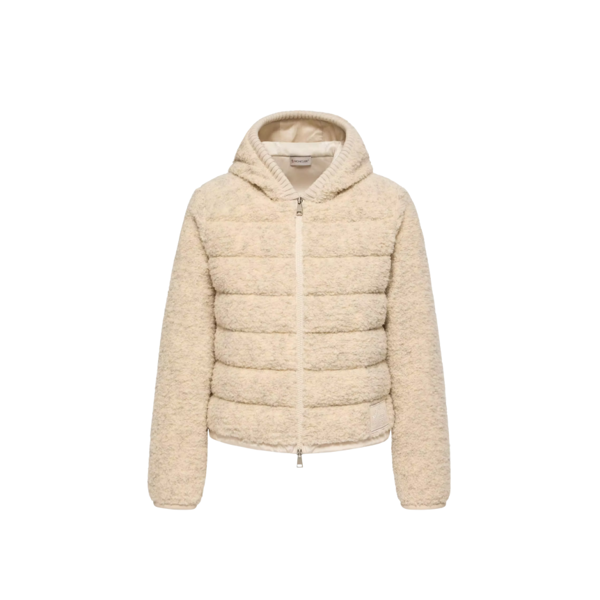 Cardigan zippé matelassé MONCLER à capuche Teddy bouclette beige