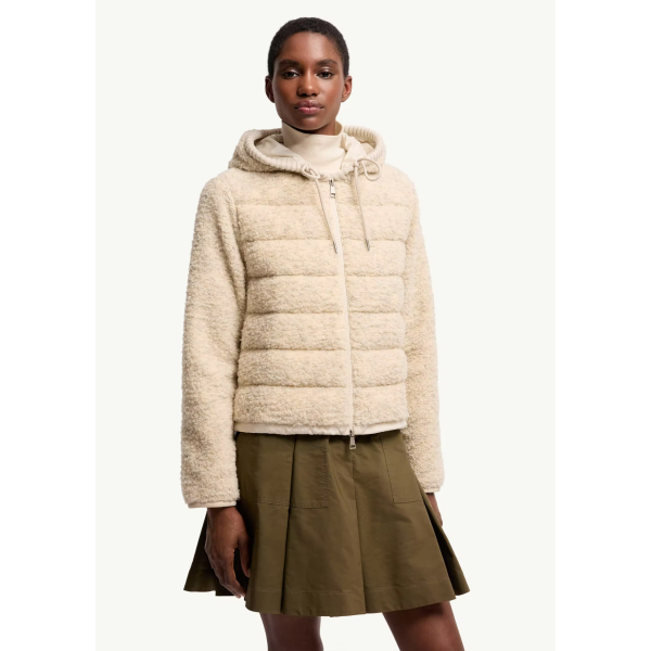 Cardigan zippé matelassé MONCLER à capuche Teddy bouclette beige