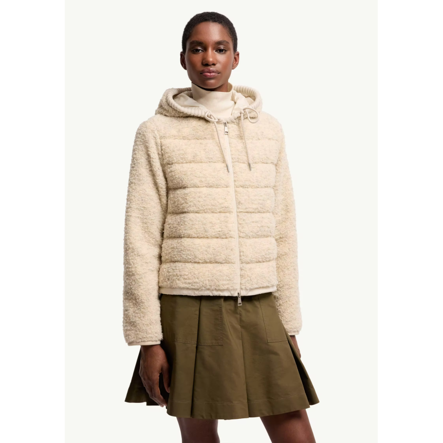 Cardigan zippé matelassé MONCLER à capuche Teddy bouclette beige