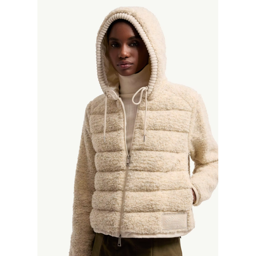 Cardigan zippé matelassé MONCLER à capuche Teddy bouclette beige
