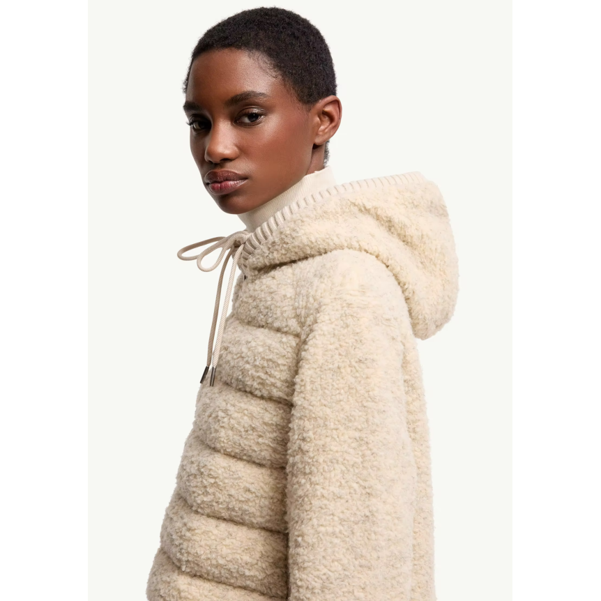 Cardigan zippé matelassé MONCLER à capuche Teddy bouclette beige