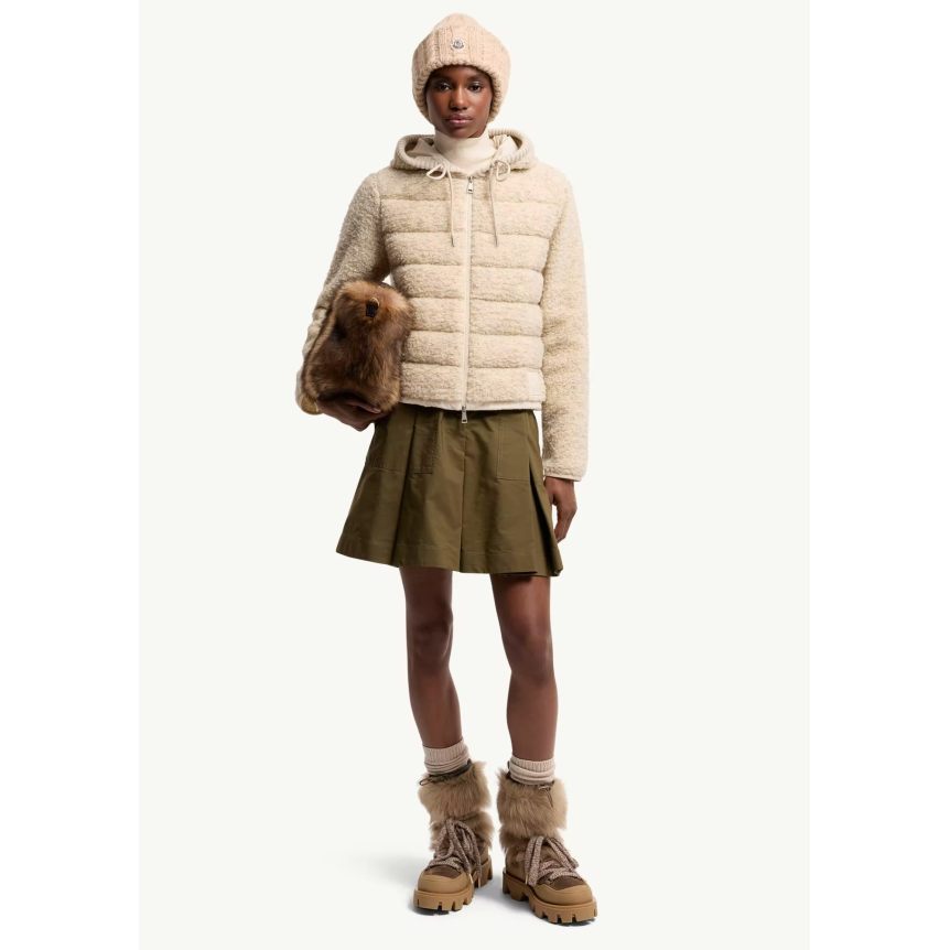 Cardigan zippé matelassé MONCLER à capuche Teddy bouclette beige
