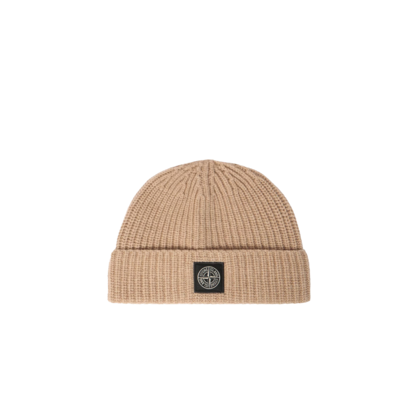 Bonnet STONE ISLAND en maille laine côtelée beige avec patch Compass