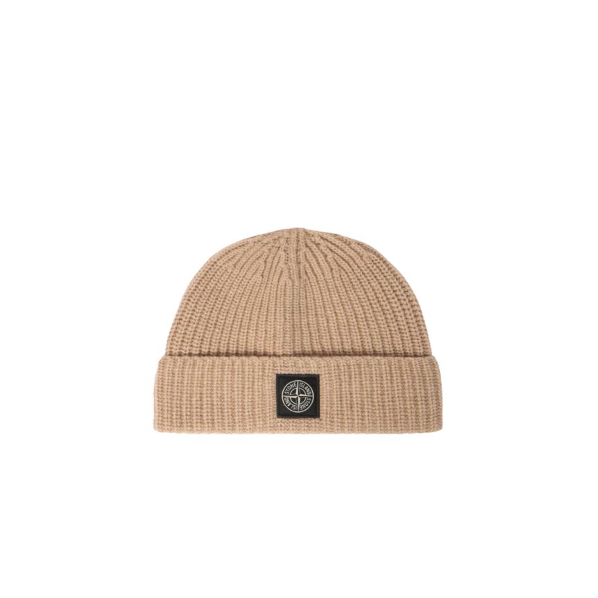 Bonnet STONE ISLAND en maille laine côtelée beige avec patch Compass