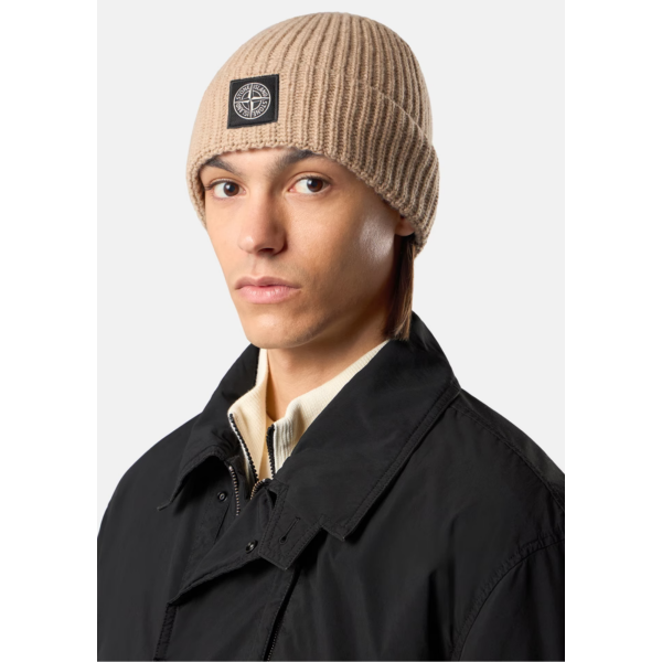 Bonnet STONE ISLAND en maille laine côtelée beige avec patch Compass