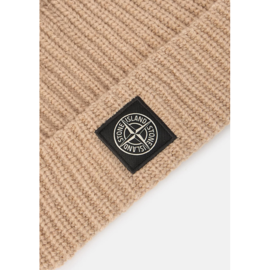 Bonnet STONE ISLAND en maille laine côtelée beige avec patch Compass