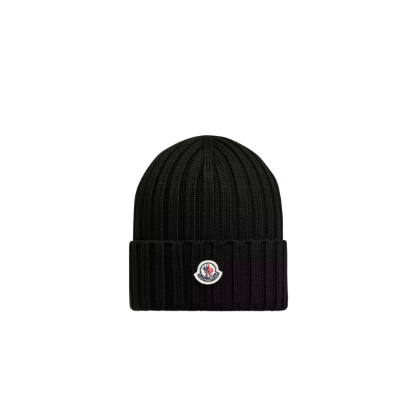 MONCLER Bonnet en laine vierge côtelée noir à revers logo