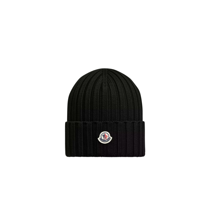 MONCLER Bonnet en laine vierge côtelée noir à revers logo