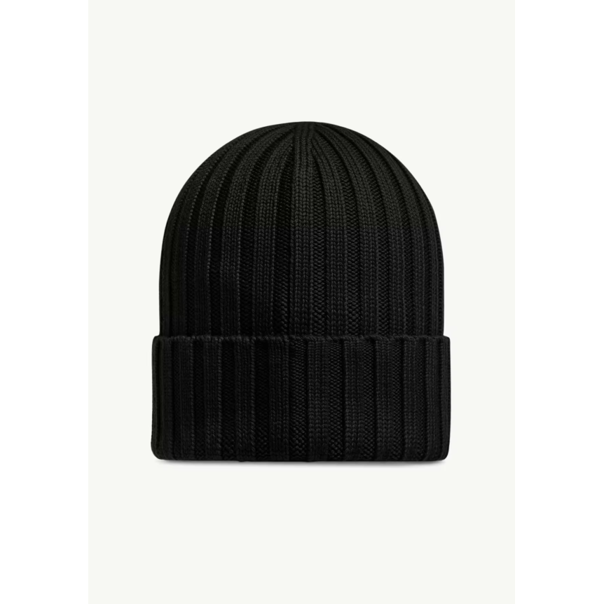 MONCLER Bonnet en laine vierge côtelée noir à revers logo