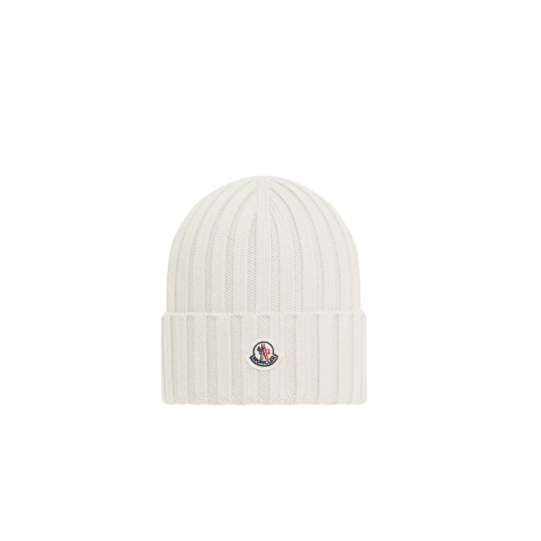 Bonnet en laine vierge côtelée MONCLER blanc à revers logo