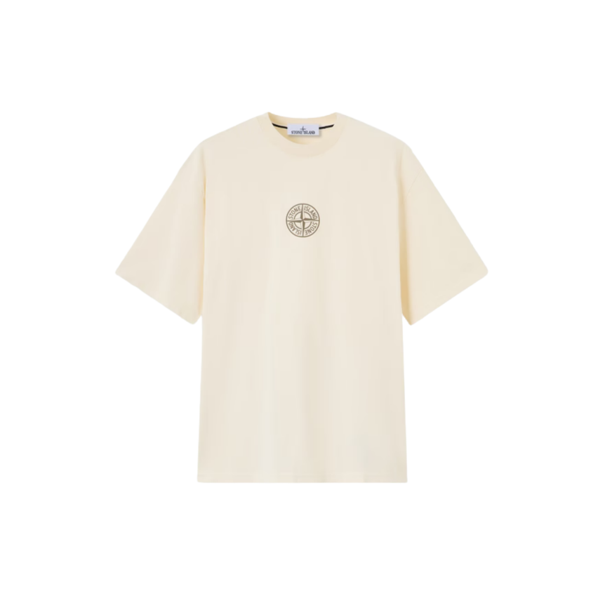 T-shirt col rond STONE ISLAND en jersey de coton bio écru Compass poitrine imprimé "Low infos" dos