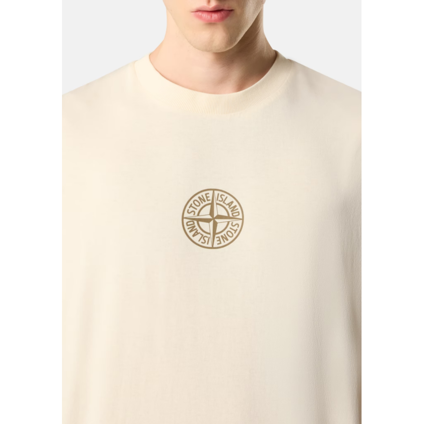 T-shirt col rond STONE ISLAND en jersey de coton bio écru Compass poitrine imprimé "Low infos" dos
