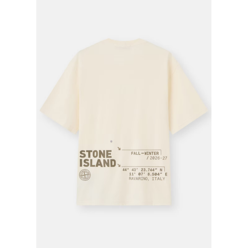 T-shirt col rond STONE ISLAND en jersey de coton bio écru Compass poitrine imprimé "Low infos" dos