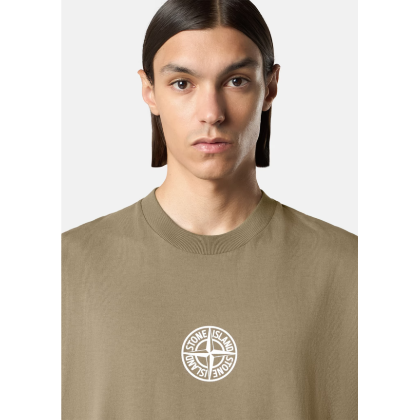 T-shirt col rond STONE ISLAND en jersey de coton bio kaki Compass poitrine imprimé "Low infos" dos