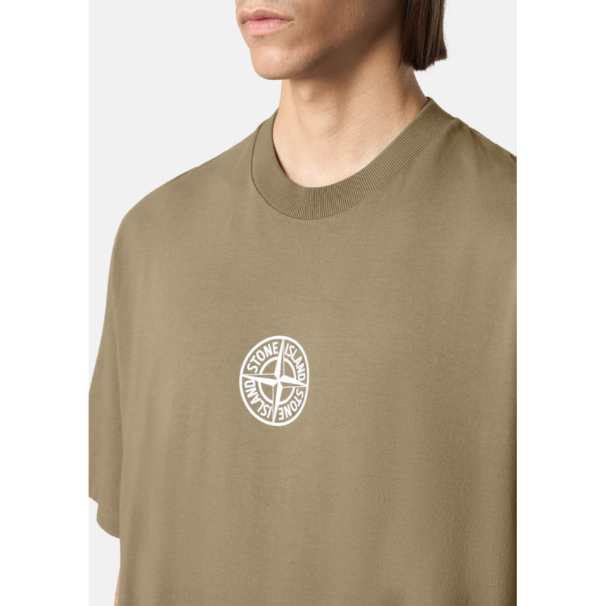 T-shirt col rond STONE ISLAND en jersey de coton bio kaki Compass poitrine imprimé "Low infos" dos