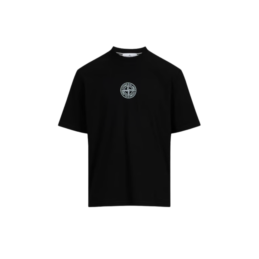 T-shirt col rond STONE ISLAND en jersey de coton bio noir Compass poitrine imprimé "Low infos" dos
