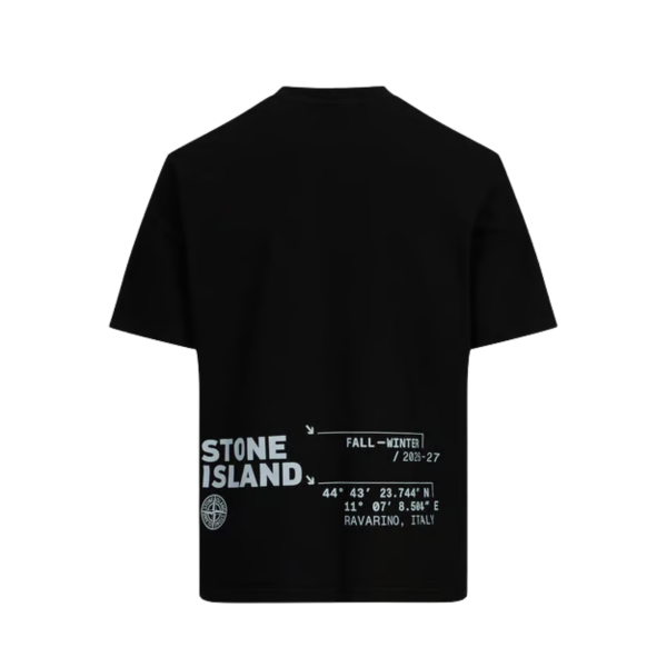 T-shirt col rond STONE ISLAND en jersey de coton bio noir Compass poitrine imprimé "Low infos" dos