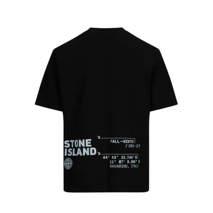 T-shirt col rond STONE ISLAND en jersey de coton bio noir Compass poitrine imprimé "Low infos" dos