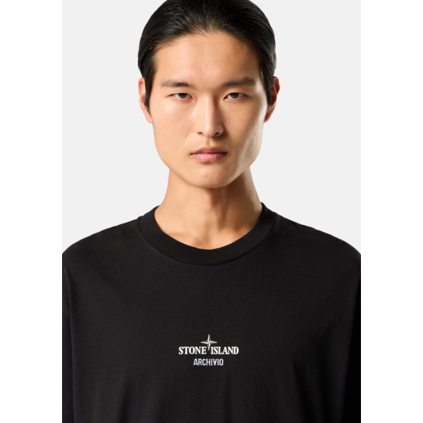 T-shirt col rond STONE ISLAND manche courte jersey de coton noir broderie imprimé "Archivio"
