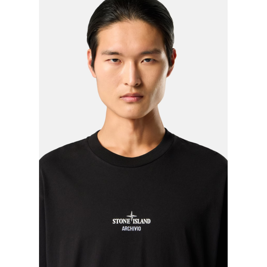 T-shirt col rond STONE ISLAND manche courte jersey de coton noir broderie imprimé "Archivio"