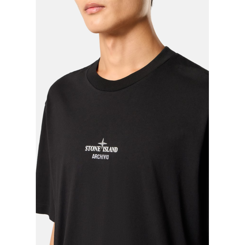 T-shirt col rond STONE ISLAND manche courte jersey de coton noir broderie imprimé "Archivio"