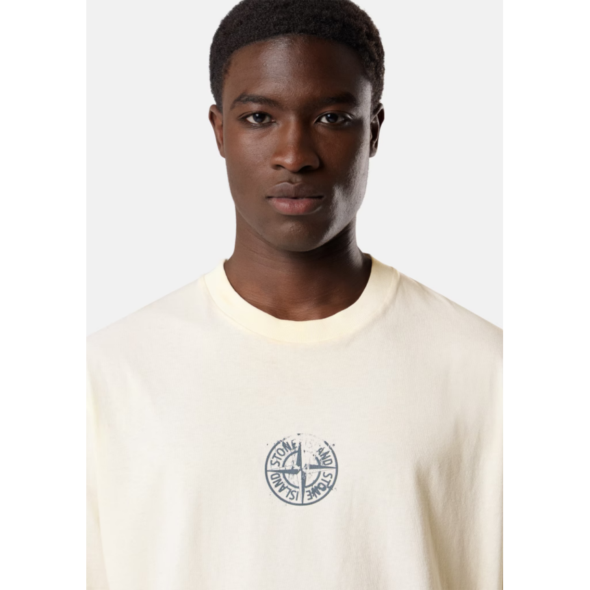 T-shirt col rond manche courte STONE ISLAND en jersey de coton bio écru imprimé « Vertical Placement »
