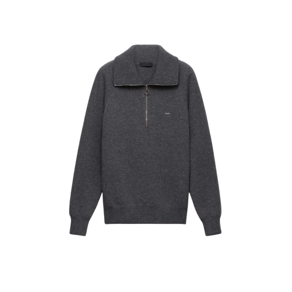 Pull oversize PRADA col montant zippé laine cachemire gris ardoise logo poitrine