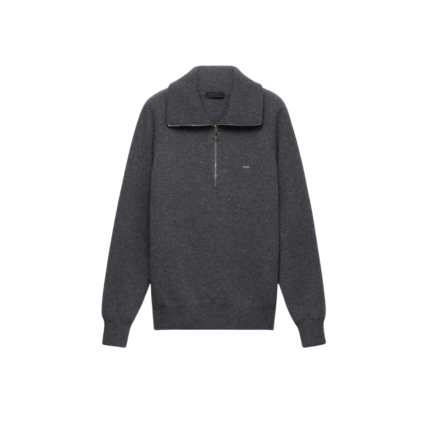 Pull oversize PRADA col montant zippé laine cachemire gris ardoise logo poitrine