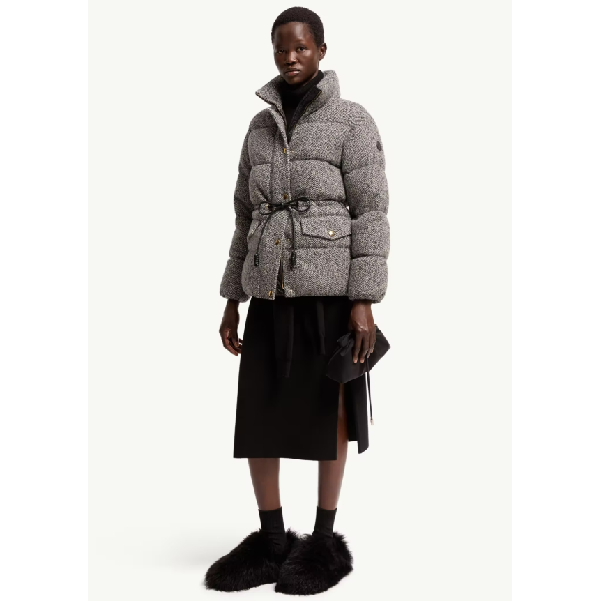 Doudoune courte à capuche MONCLER Diaphanes laine mélangée gris noir chiné bouton doré